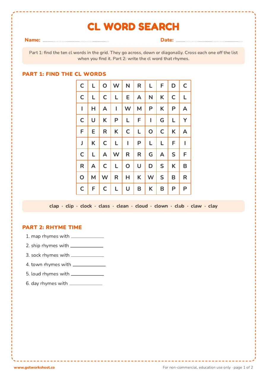 cl word search: find 10 cl words, then rhyme them – free printable PDF worksheet, page 1 preview (Free cl blend worksheets)