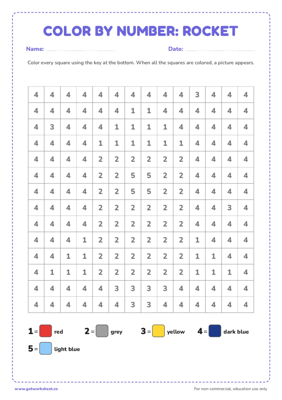 Color by number: rocket – free printable PDF worksheet, page 1 preview (6 free color by number worksheets)