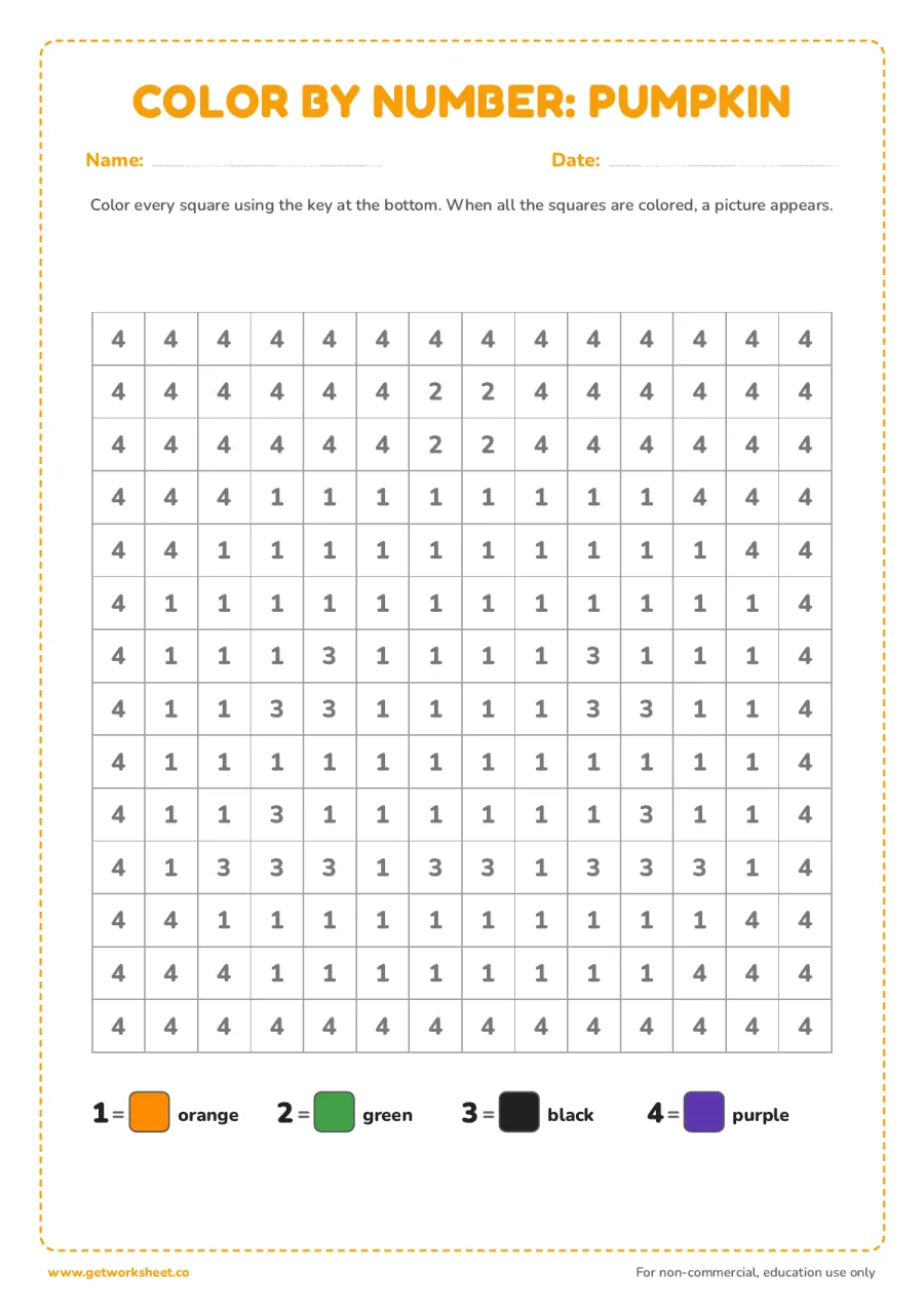 Color by number: jack-o'-lantern pumpkin – free printable PDF worksheet, page 1 preview (6 free color by number worksheets)