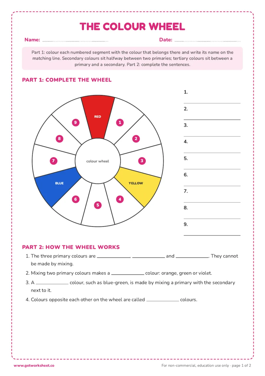 The colour wheel: colour and name the 9 missing segments – free printable PDF worksheet, page 1 preview (Free color theory worksheets)