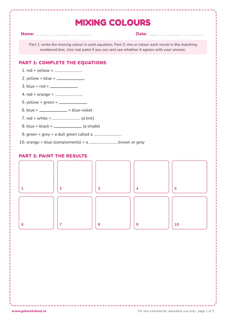 Mixing colours: 10 mixing equations, then paint the results – free printable PDF worksheet, page 1 preview (Free color theory worksheets)