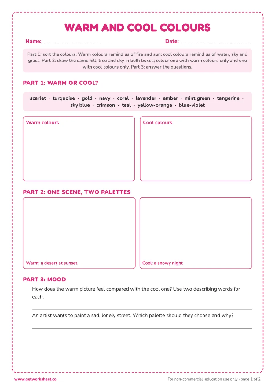 Warm and cool colours: sort 14 colours, then paint a warm and a cool scene – free printable PDF worksheet, page 1 preview (Free color theory worksheets)