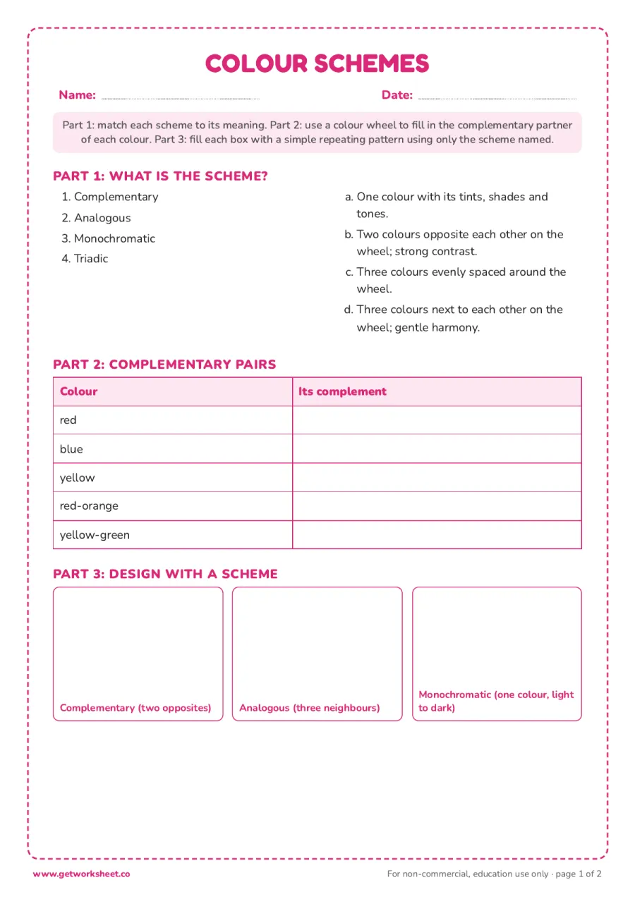Colour schemes: complementary, analogous, monochromatic and triadic – free printable PDF worksheet, page 1 preview (Free color theory worksheets)