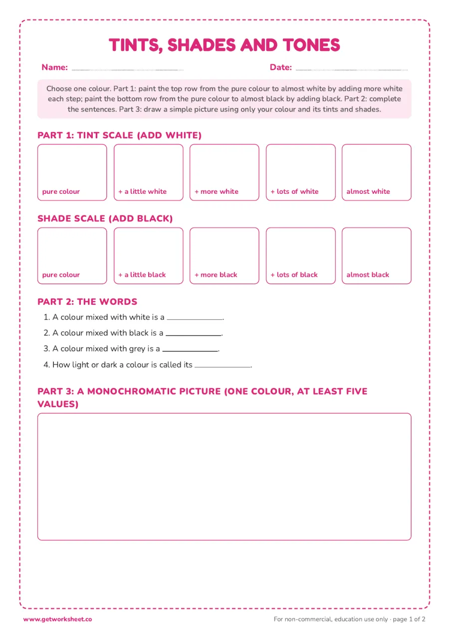 Tints, shades and tones: two 5-step scales and a monochromatic drawing – free printable PDF worksheet, page 1 preview (Free color theory worksheets)