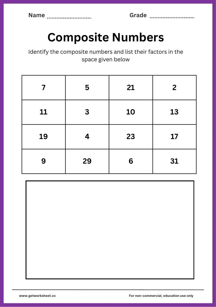 Composite numbers grid 4 (five composites) – free printable PDF worksheet, page 1 preview (Free composite number worksheets)