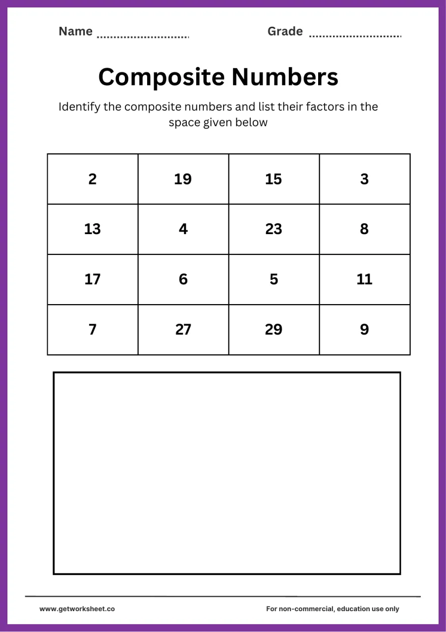 Composite numbers grid 5 (includes 27) – free printable PDF worksheet, page 1 preview (Free composite number worksheets)