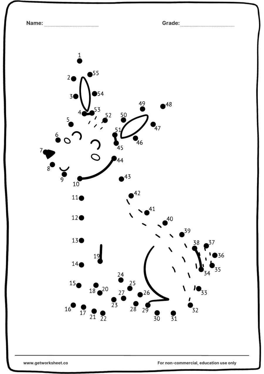 Connect the dots: kitten with a curled tail (1–55) – free printable PDF worksheet, page 1 preview (Free connect the dots printable worksheets)