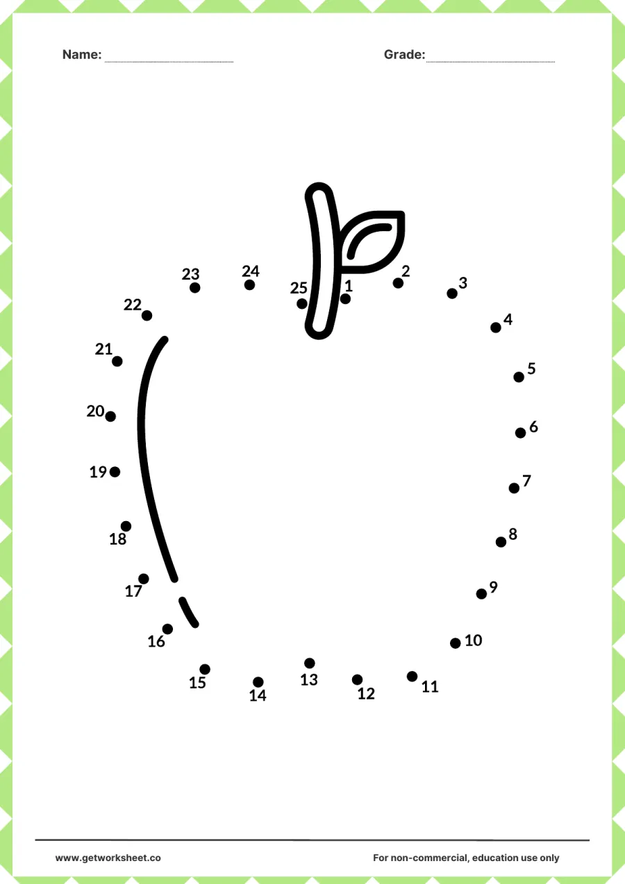Connect the dots: apple with a leaf (1–25) – free printable PDF worksheet, page 1 preview (Free connect the dots printable worksheets)
