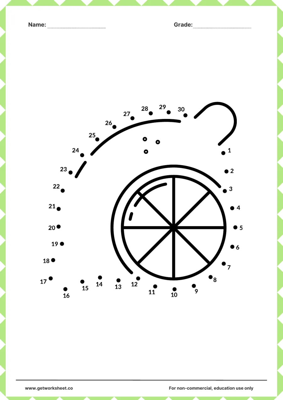 Connect the dots: lemon with a cut slice (1–30) – free printable PDF worksheet, page 1 preview (Free connect the dots printable worksheets)