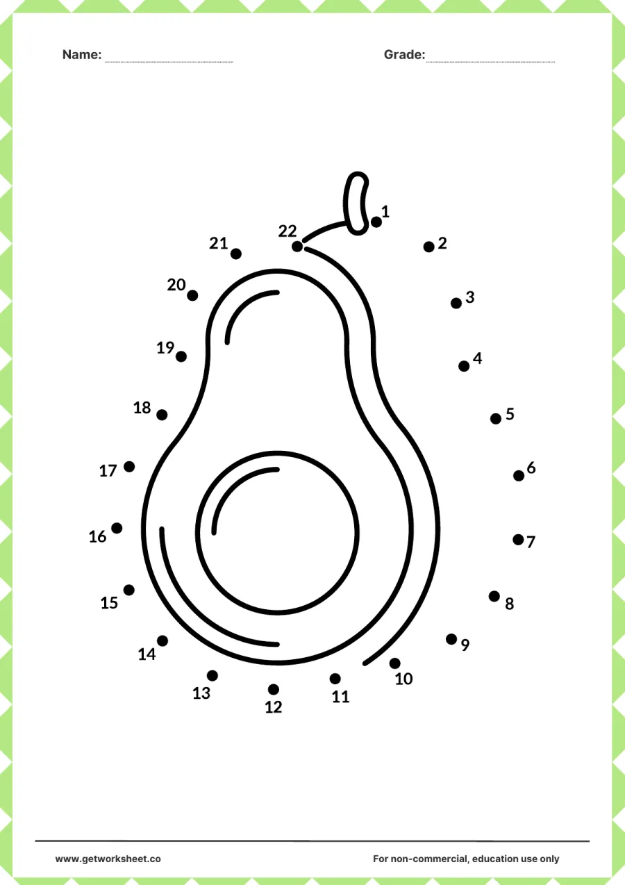 Connect the dots: halved avocado (1–22) – free printable PDF worksheet, page 1 preview (Free connect the dots printable worksheets)