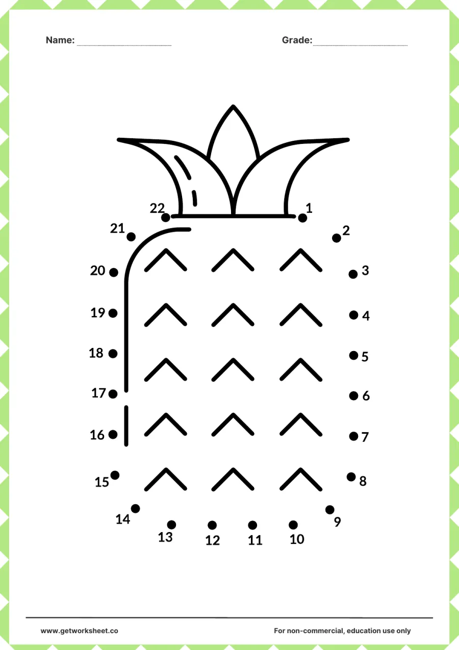 Connect the dots: pineapple with crown leaves (1–22) – free printable PDF worksheet, page 1 preview (Free connect the dots printable worksheets)