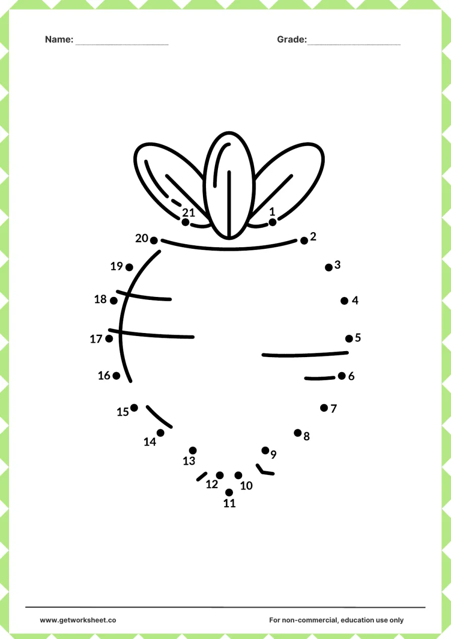 Connect the dots: strawberry with leaves (1–21) – free printable PDF worksheet, page 1 preview (Free connect the dots printable worksheets)