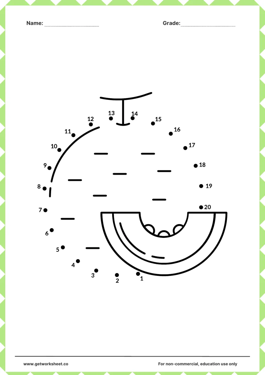 Connect the dots: round melon with a wedge (1–20) – free printable PDF worksheet, page 1 preview (Free connect the dots printable worksheets)