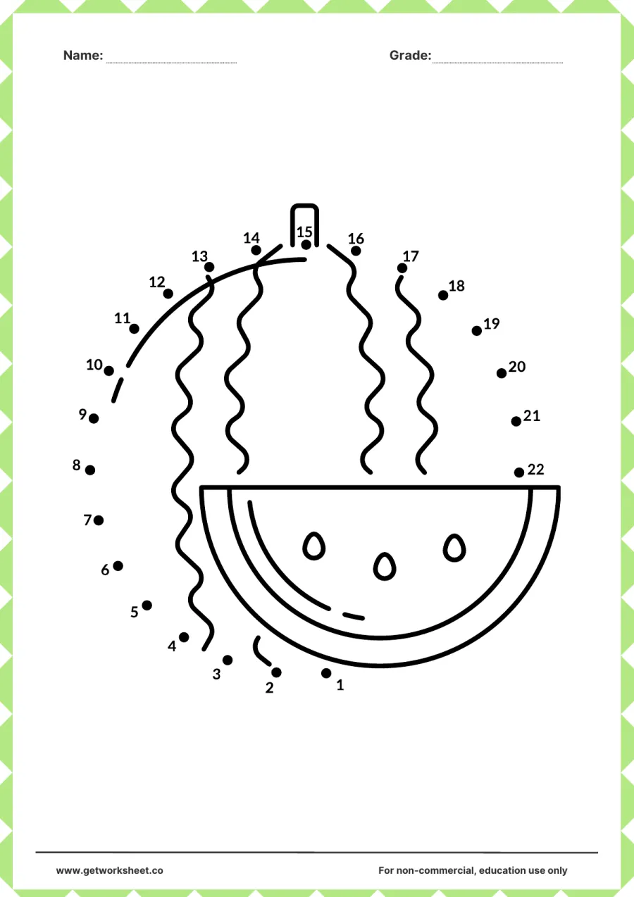 Connect the dots: watermelon with wavy stripes (1–22) – free printable PDF worksheet, page 1 preview (Free connect the dots printable worksheets)