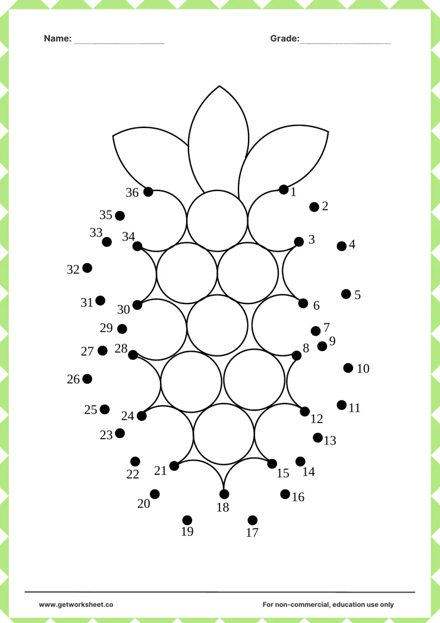Connect the dots: pineapple with diamond skin (1–36) – free printable PDF worksheet, page 1 preview (Free connect the dots printable worksheets)
