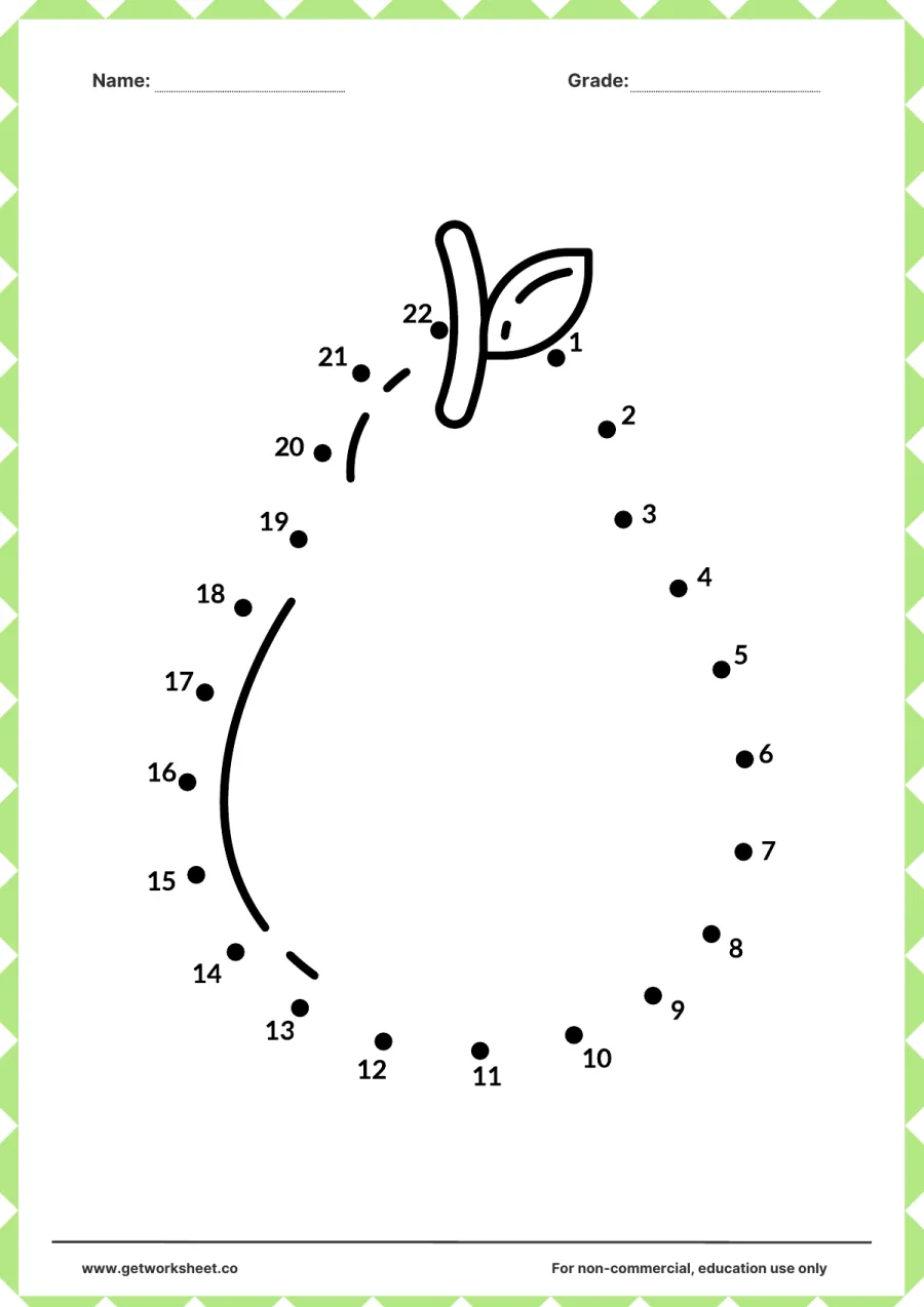Connect the dots: pear with a stem and leaf (1–22) – free printable PDF worksheet, page 1 preview (Free connect the dots printable worksheets)