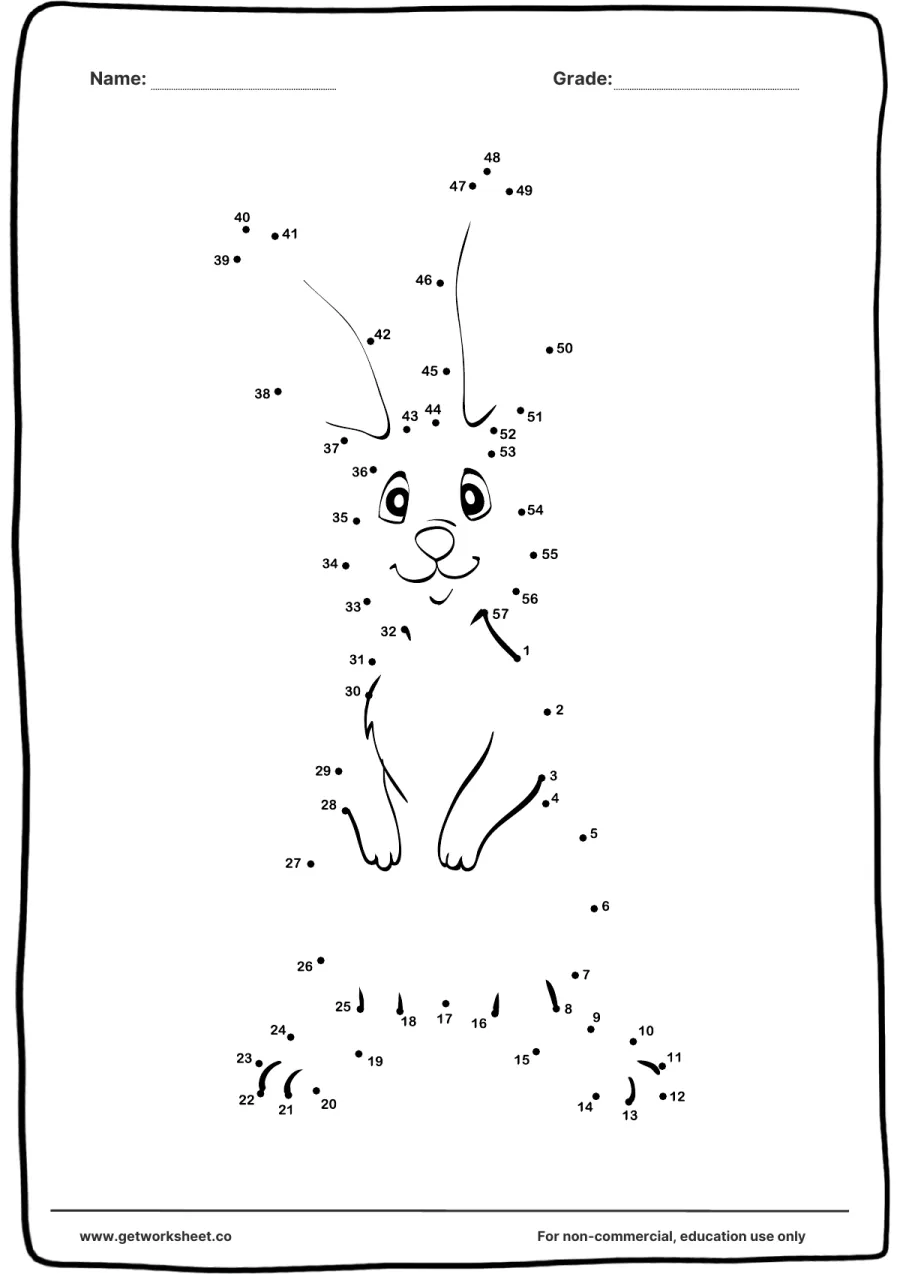 Connect the dots: long-eared rabbit (1–57) – free printable PDF worksheet, page 1 preview (Free connect the dots printable worksheets)