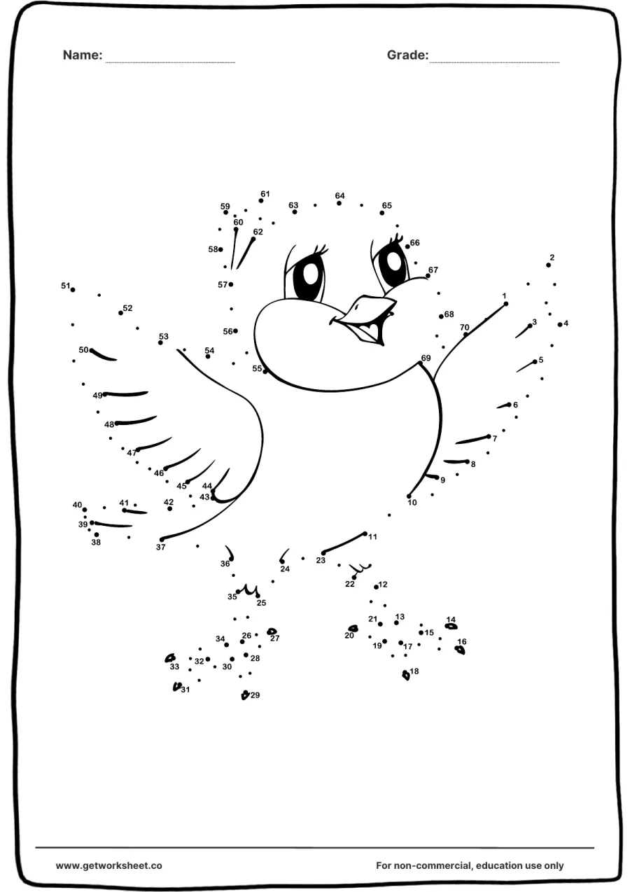Connect the dots: flying bird with wings out (1–70) – free printable PDF worksheet, page 1 preview (Free connect the dots printable worksheets)