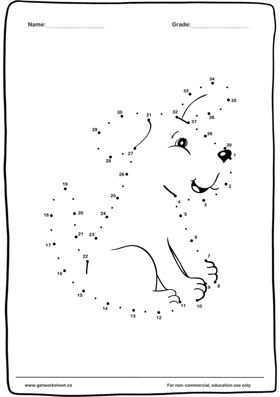 Connect the dots: sitting bear cub (1–39) – free printable PDF worksheet, page 1 preview (Free connect the dots printable worksheets)