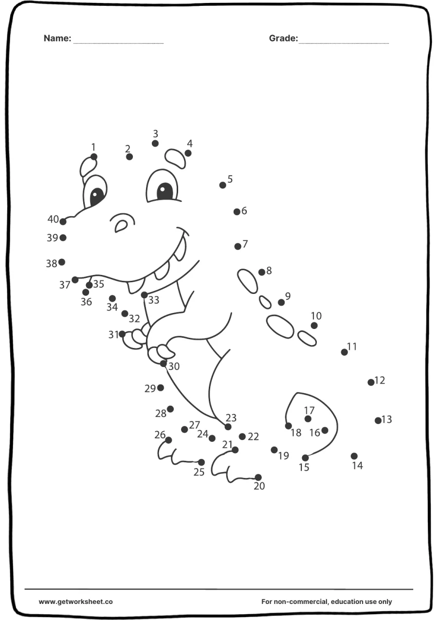 Connect the dots: smiling T-rex dinosaur (1–40) – free printable PDF worksheet, page 1 preview (Free connect the dots printable worksheets)