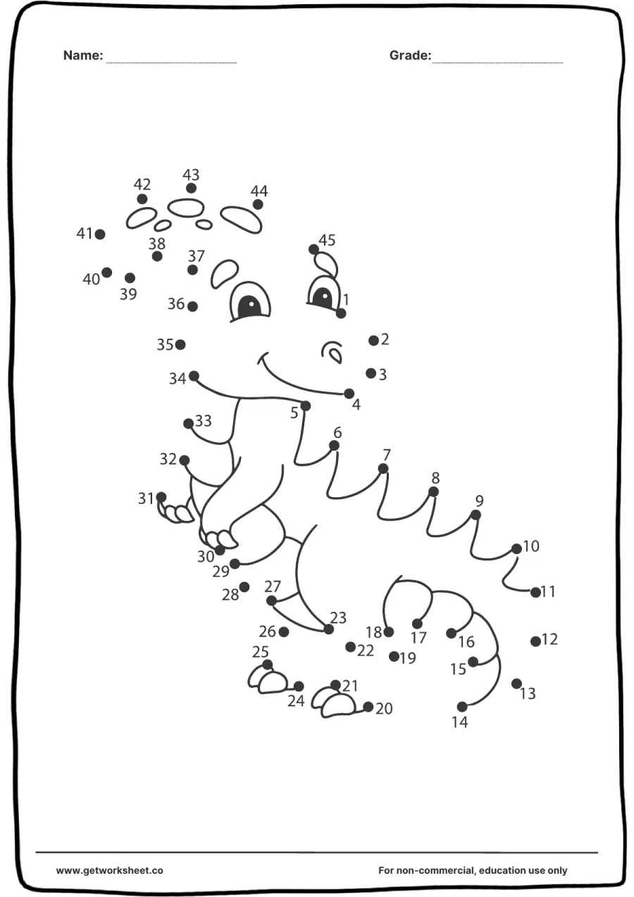 Connect the dots: baby dragon with back spikes (1–45) – free printable PDF worksheet, page 1 preview (Free connect the dots printable worksheets)