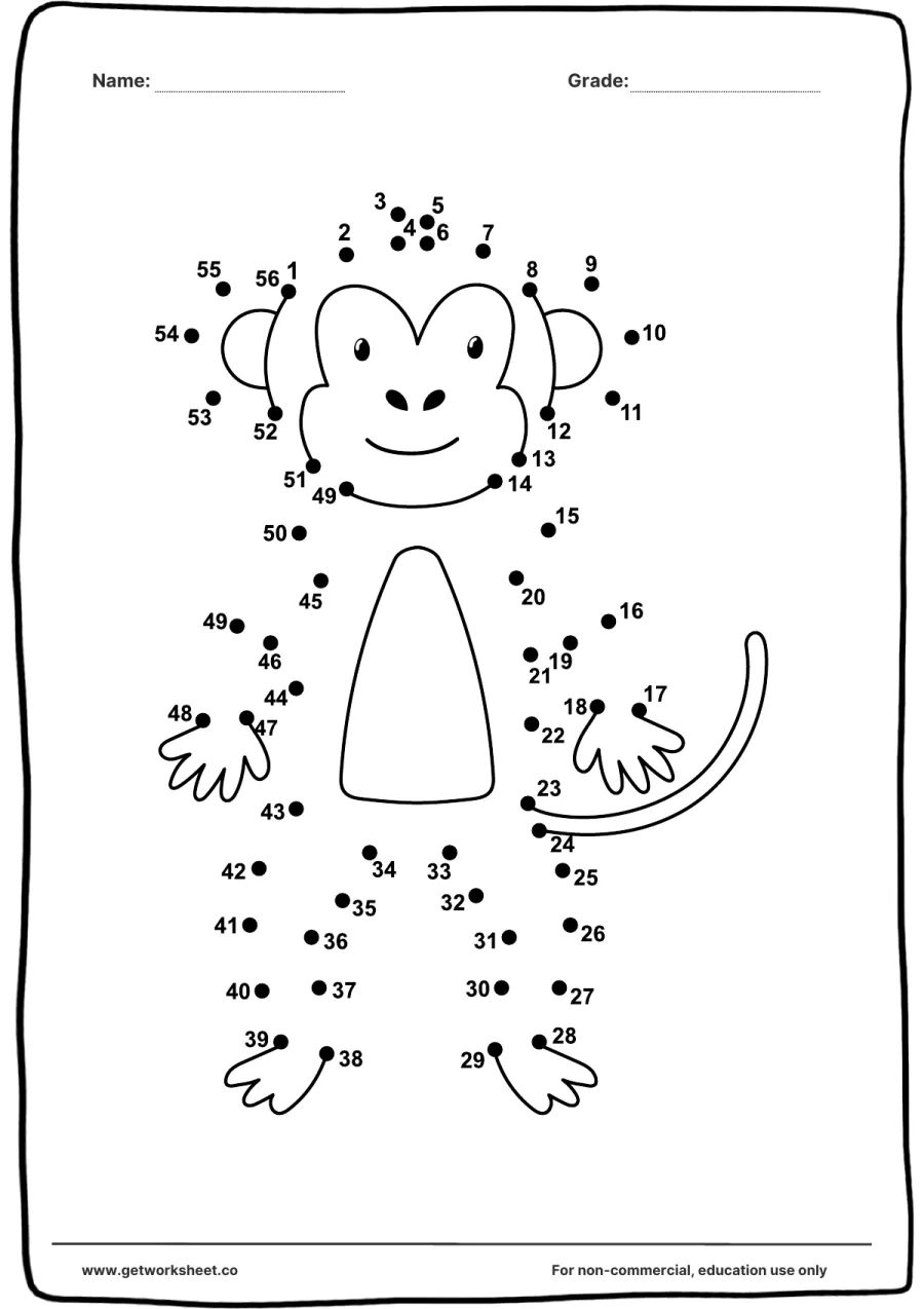 Connect the dots: standing monkey (1–56) – free printable PDF worksheet, page 1 preview (Free connect the dots printable worksheets)