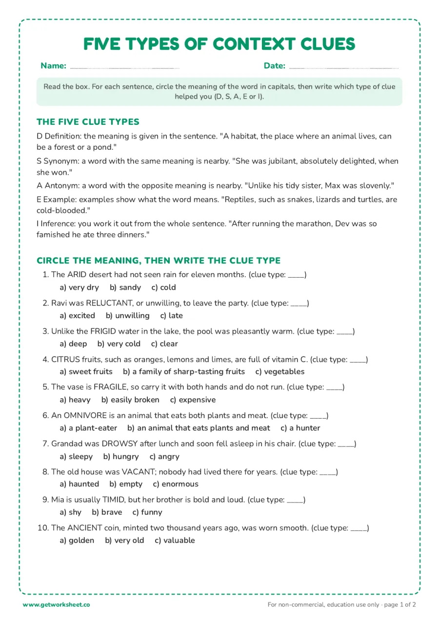 Five types of context clues: name the clue and the meaning in 10 sentences Five types of context clues: name the clue and the meaning in 10 sentences – free printable PDF worksheet, page 1 preview (Free context clues worksheets)