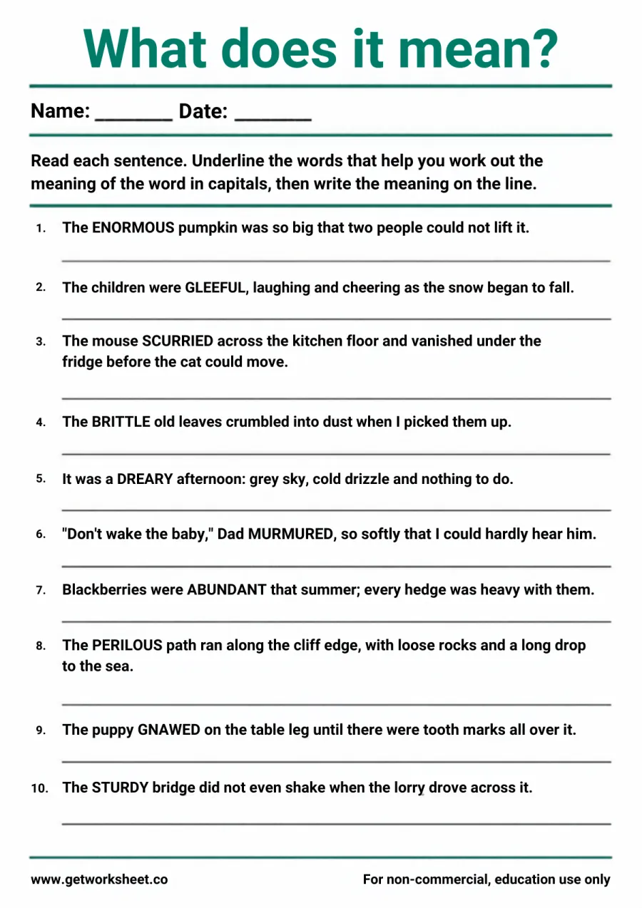 What does it mean? Define 10 words from their sentences and underline the clue What does it mean? Define 10 words from their sentences and underline the clue – free printable PDF worksheet, page 1 preview (Free context clues worksheets)