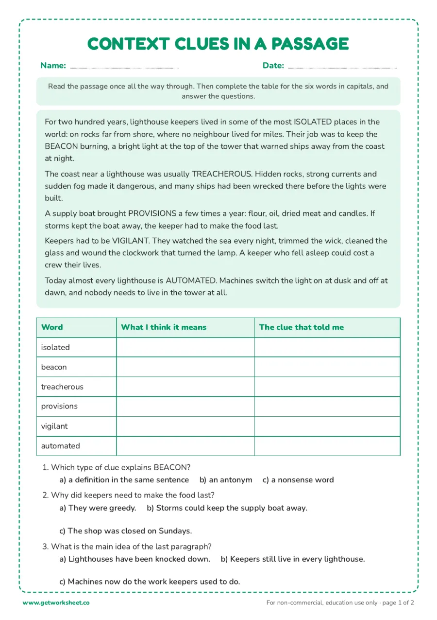 Context clues in a passage: 6 words to define while reading about the lighthouse Context clues in a passage: 6 words to define while reading about the lighthouse – free printable PDF worksheet, page 1 preview (Free context clues worksheets)