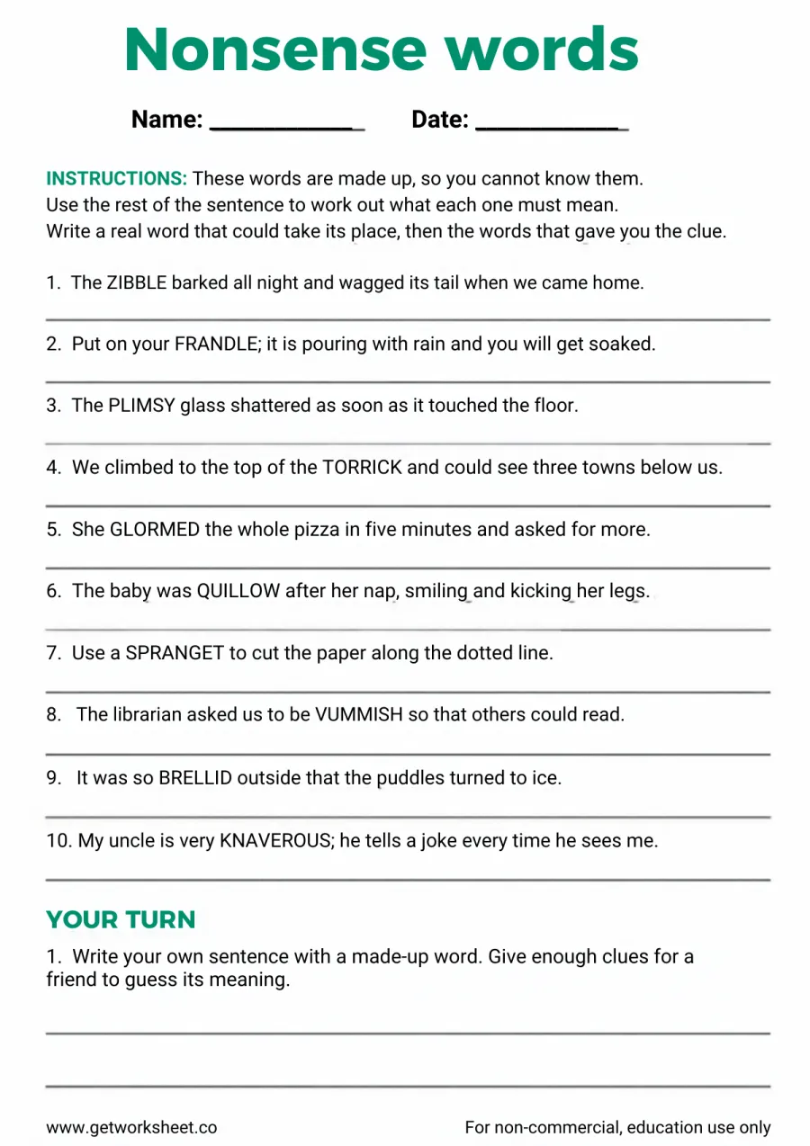 Nonsense words: work out 10 made-up words from context alone Nonsense words: work out 10 made-up words from context alone – free printable PDF worksheet, page 1 preview (Free context clues worksheets)