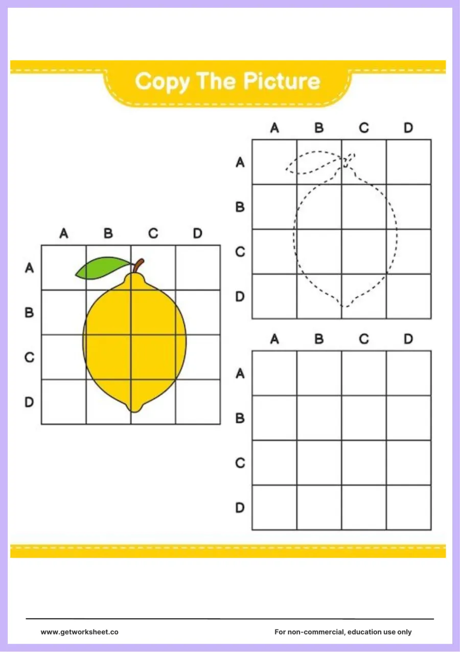 Copy the picture: yellow lemon (A–D grid) – free printable PDF worksheet, page 1 preview (Free copy the picture worksheets)