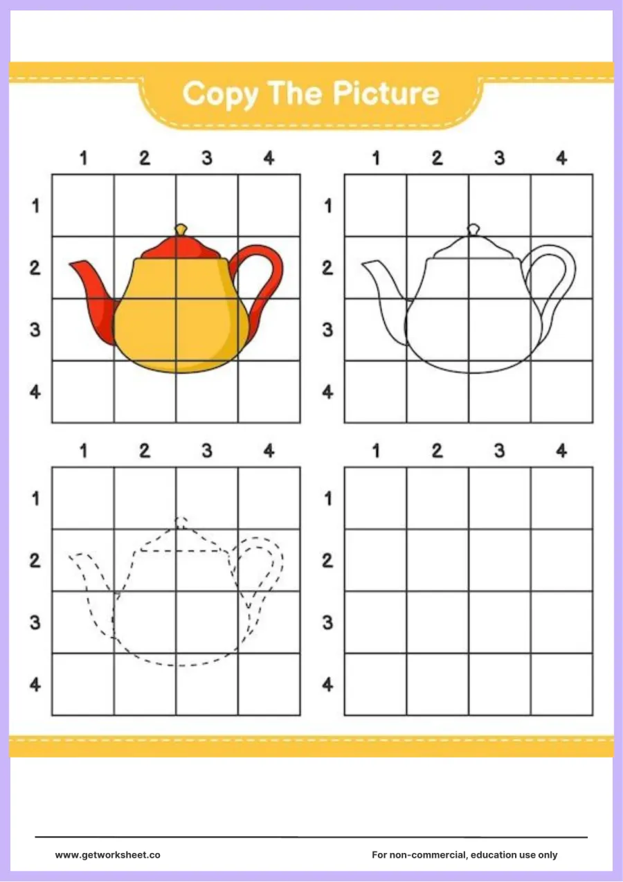 Copy the picture: red and yellow teapot (1–4 grid) – free printable PDF worksheet, page 1 preview (Free copy the picture worksheets)