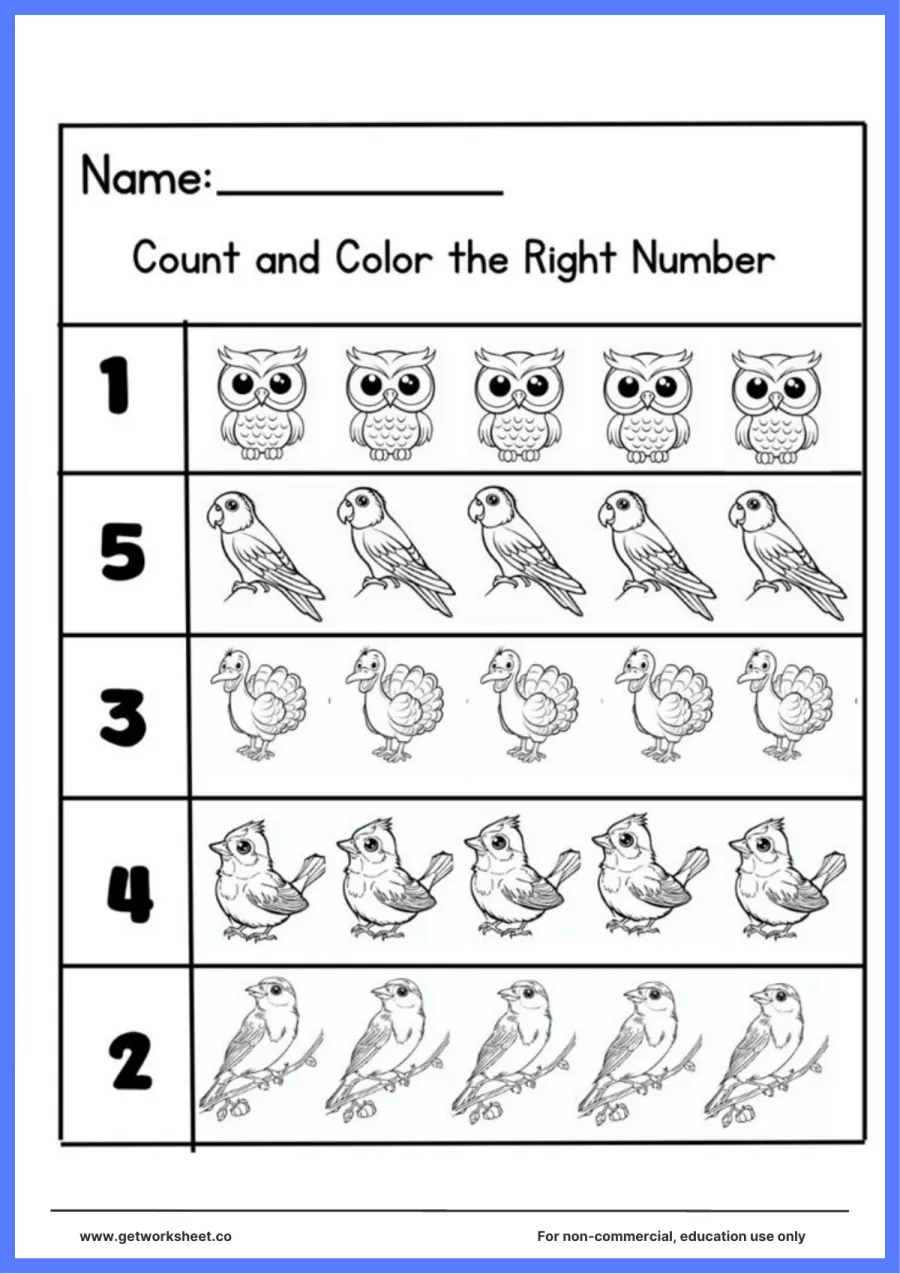 Count and color: birds 1 to 5 (owls, parrots, turkeys) – free printable PDF worksheet, page 1 preview (Free count and color worksheets)