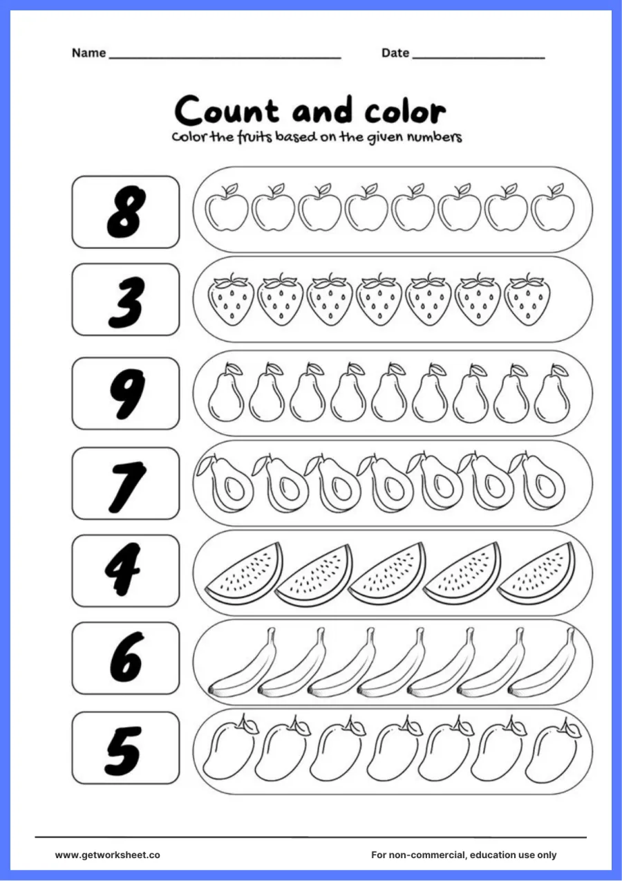 Count and color: 7 rows of fruit, 3 to 9 – free printable PDF worksheet, page 1 preview (Free count and color worksheets)