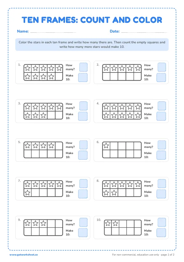 Ten frames: count and color, page 1 preview