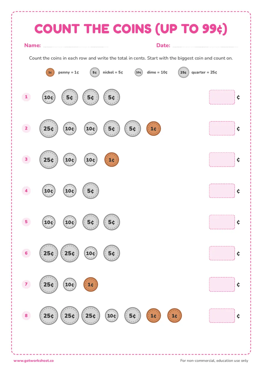 Counting mixed coins to one dollar – free printable PDF worksheet, page 1 preview (6 free counting money worksheets (US coins))