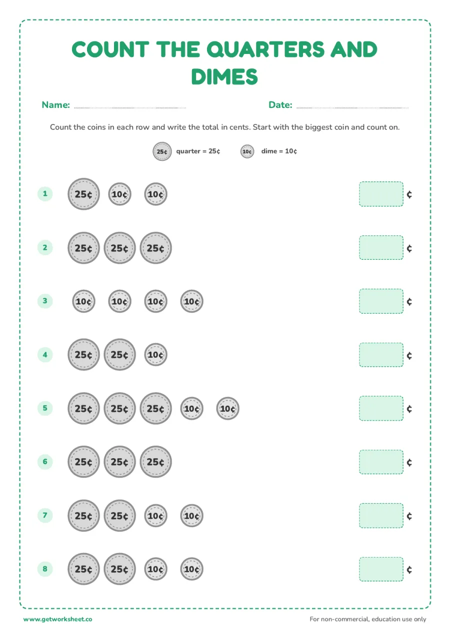 Counting quarters and dimes – free printable PDF worksheet, page 1 preview (6 free counting money worksheets (US coins))