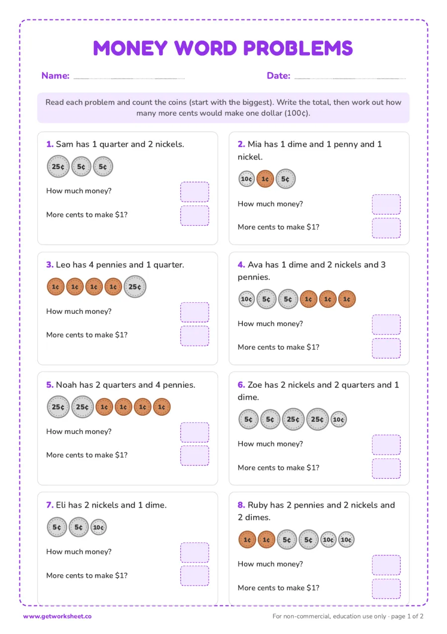 Money word problems: how much, and how much more to $1 – free printable PDF worksheet, page 1 preview (6 free counting money worksheets (US coins))
