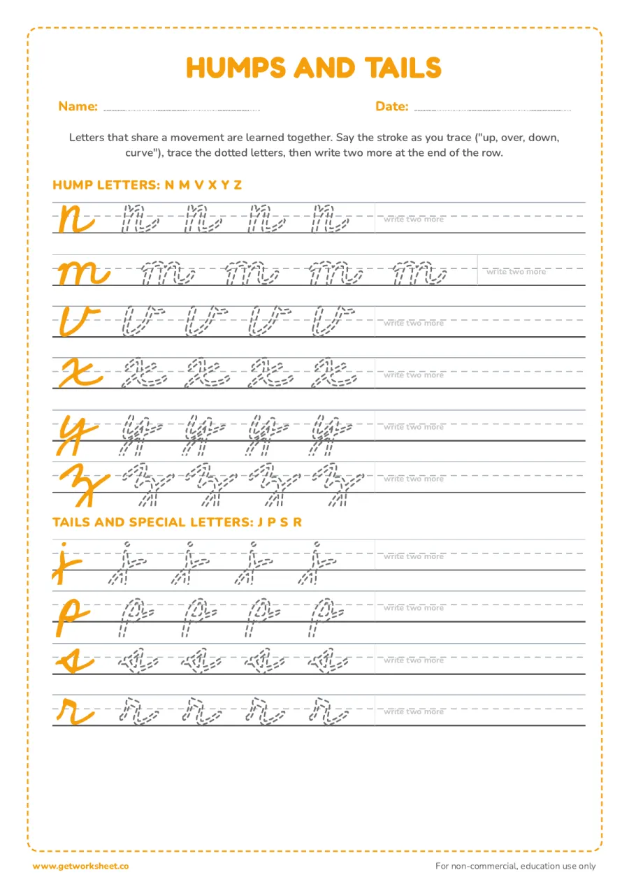 Cursive by stroke family: humps and tails – free printable PDF worksheet, page 1 preview (9 free cursive writing worksheets)