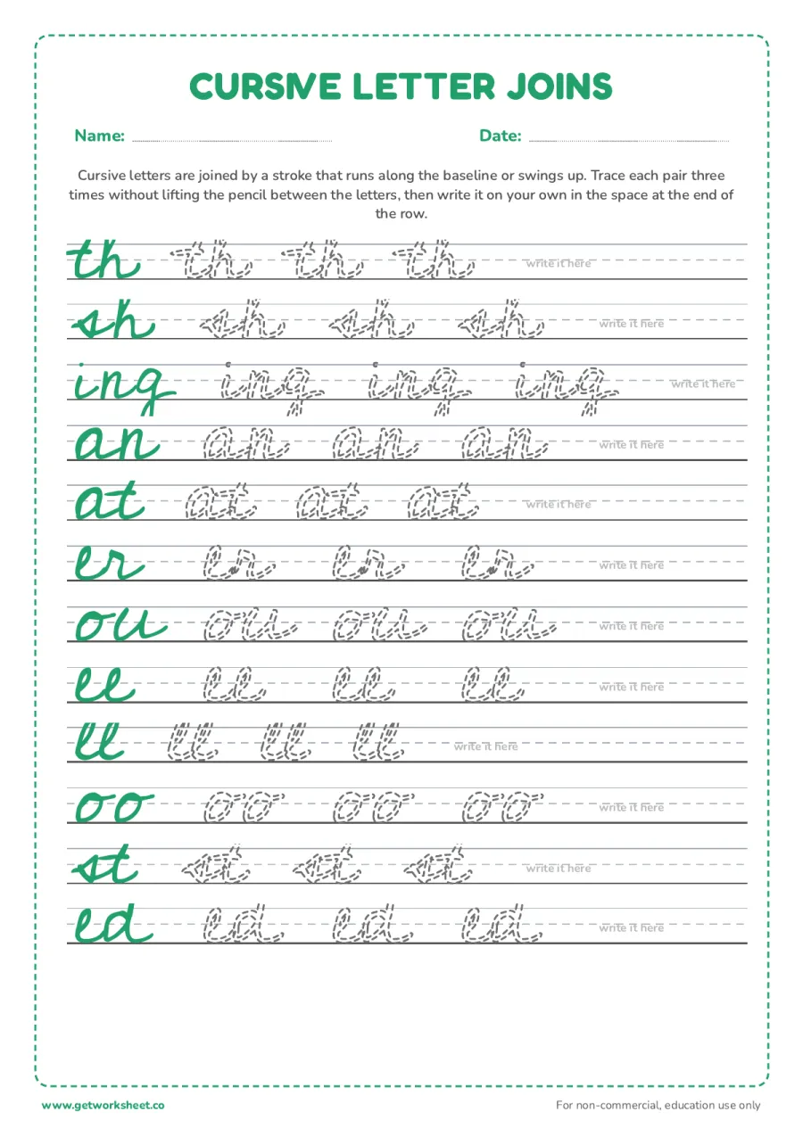 Cursive letter joins: th, sh, ing and 9 more – free printable PDF worksheet, page 1 preview (9 free cursive writing worksheets)