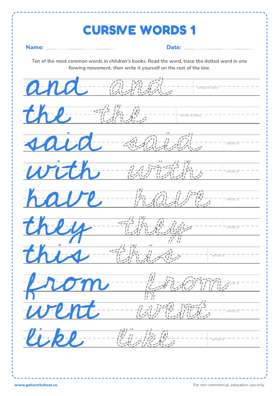 Common words in cursive 1: and, the, said, with... – free printable PDF worksheet, page 1 preview (9 free cursive writing worksheets)