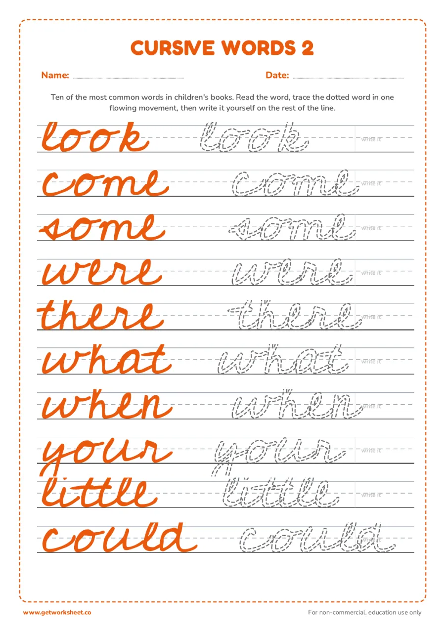 Common words in cursive 2: look, come, some, were... – free printable PDF worksheet, page 1 preview (9 free cursive writing worksheets)