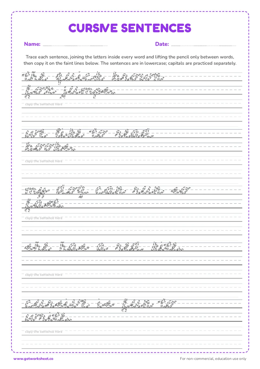 Cursive sentences: trace and copy – free printable PDF worksheet, page 1 preview (9 free cursive writing worksheets)