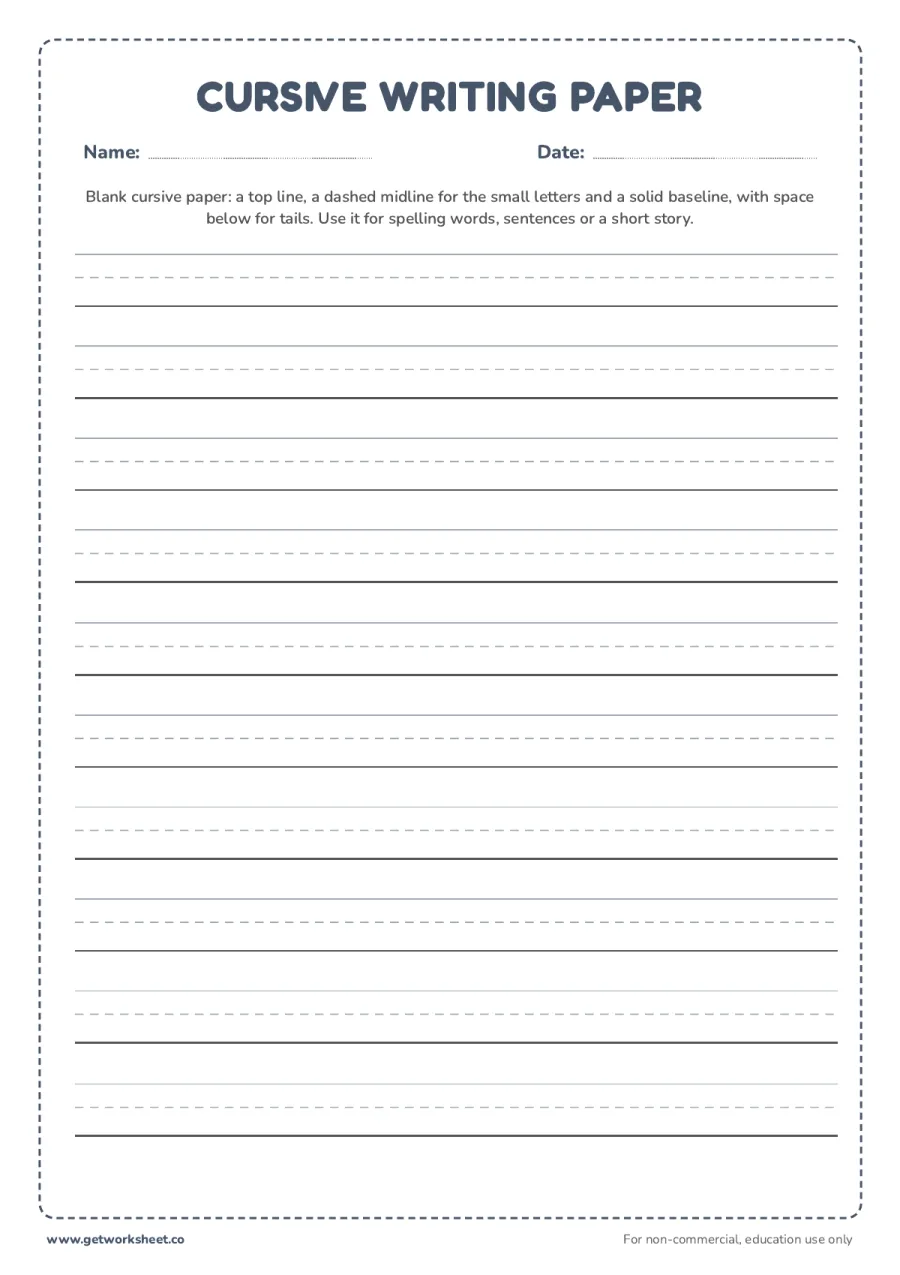 Blank cursive writing paper – free printable PDF worksheet, page 1 preview (9 free cursive writing worksheets)