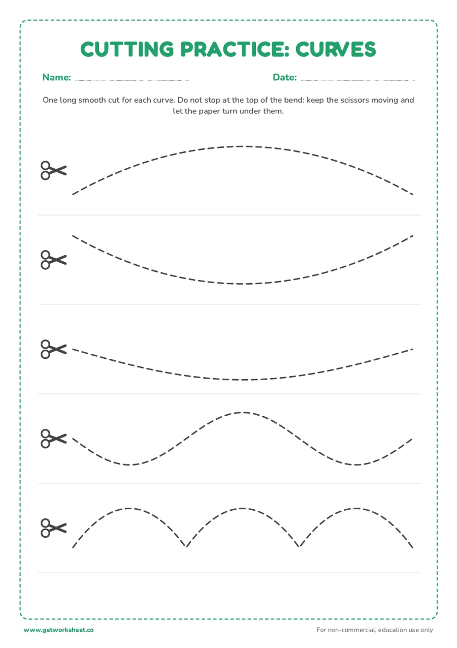 Cutting practice: curves and bends – free printable PDF worksheet, page 1 preview (8 free cutting practice worksheets)