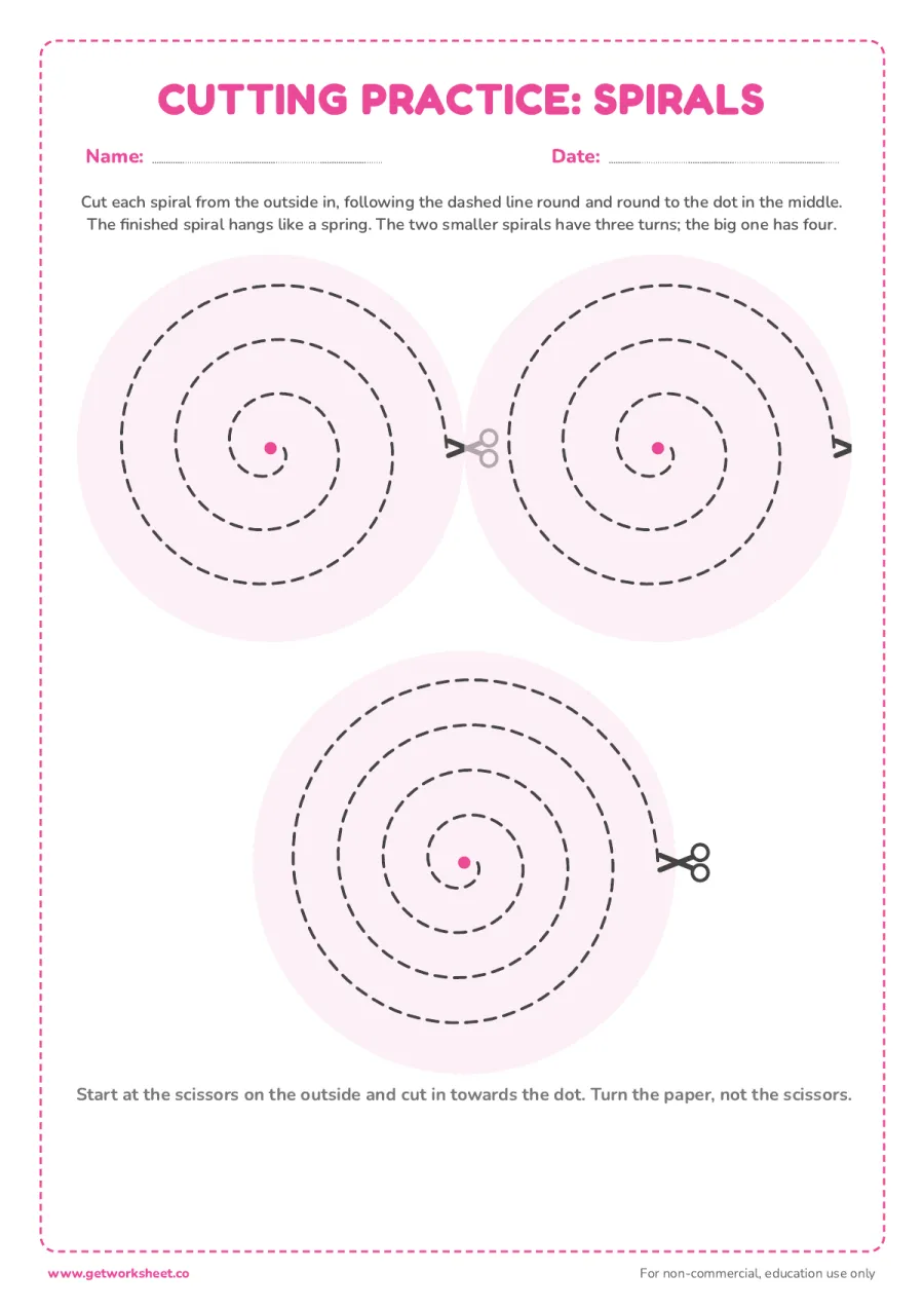 Cutting practice: spirals – free printable PDF worksheet, page 1 preview (8 free cutting practice worksheets)