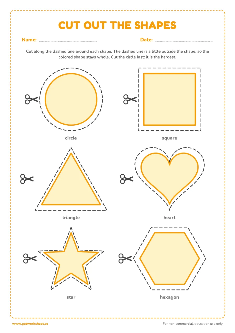 Cutting practice: cut out six shapes – free printable PDF worksheet, page 1 preview (8 free cutting practice worksheets)