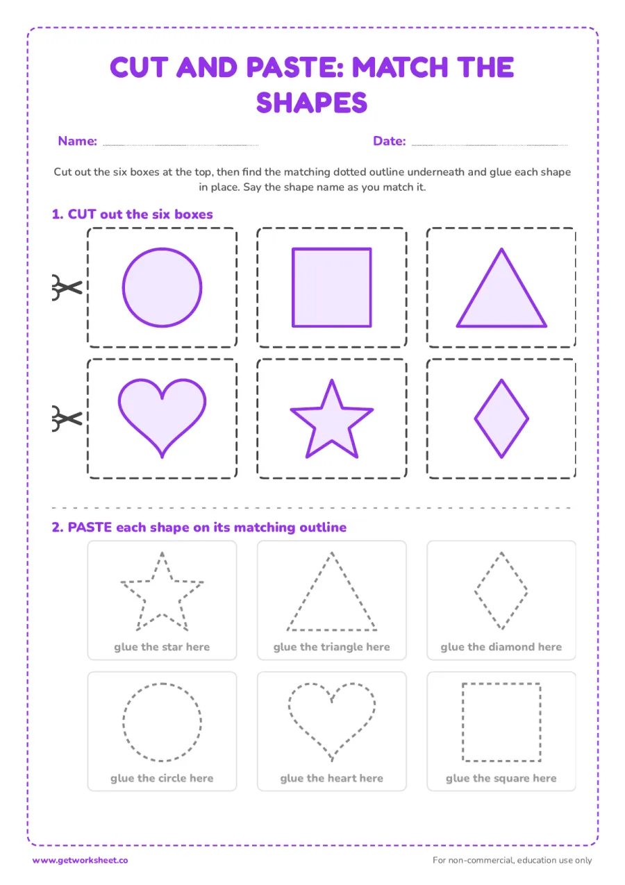 Cut and paste: match the shapes – free printable PDF worksheet, page 1 preview (8 free cutting practice worksheets)