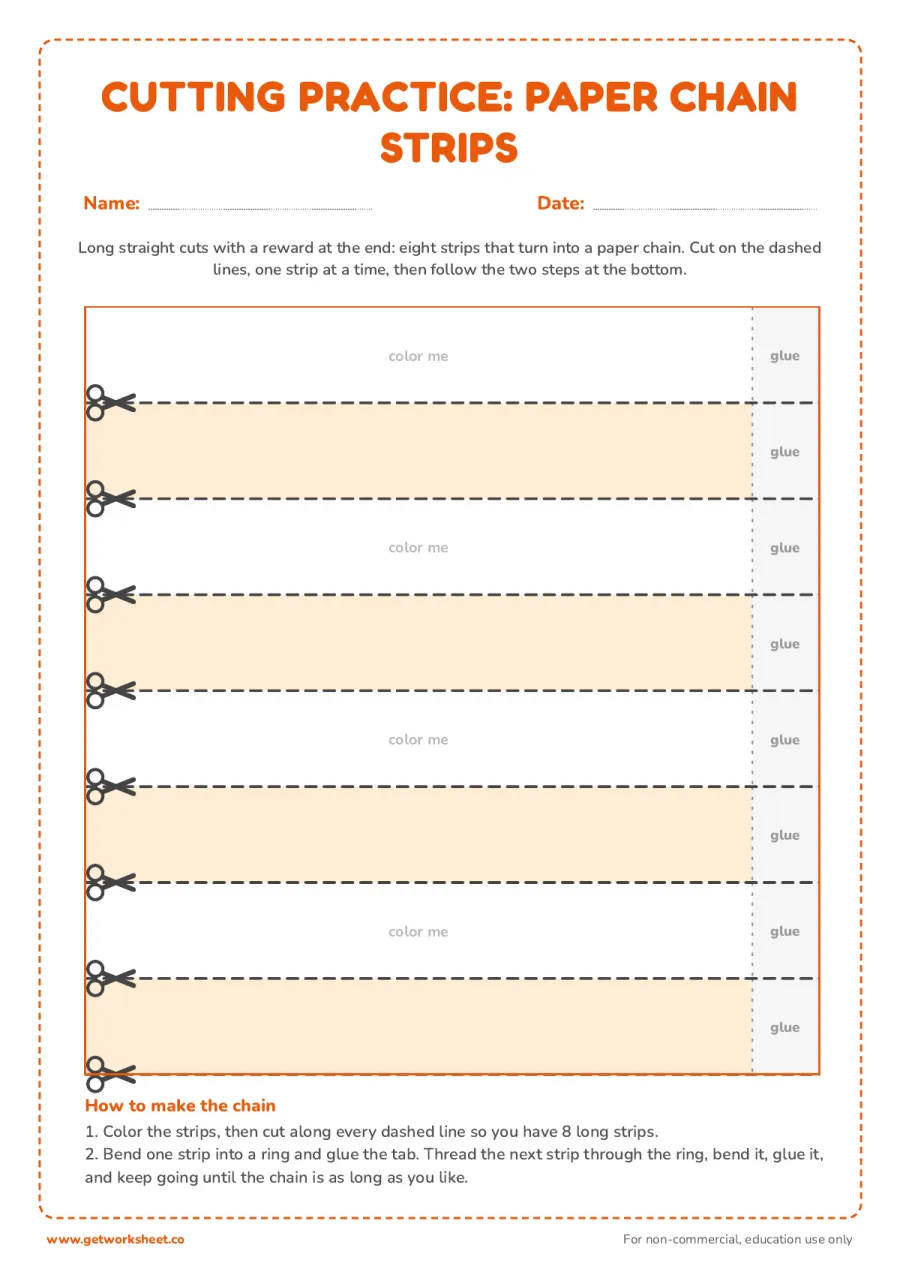Cutting practice: paper chain strips – free printable PDF worksheet, page 1 preview (8 free cutting practice worksheets)
