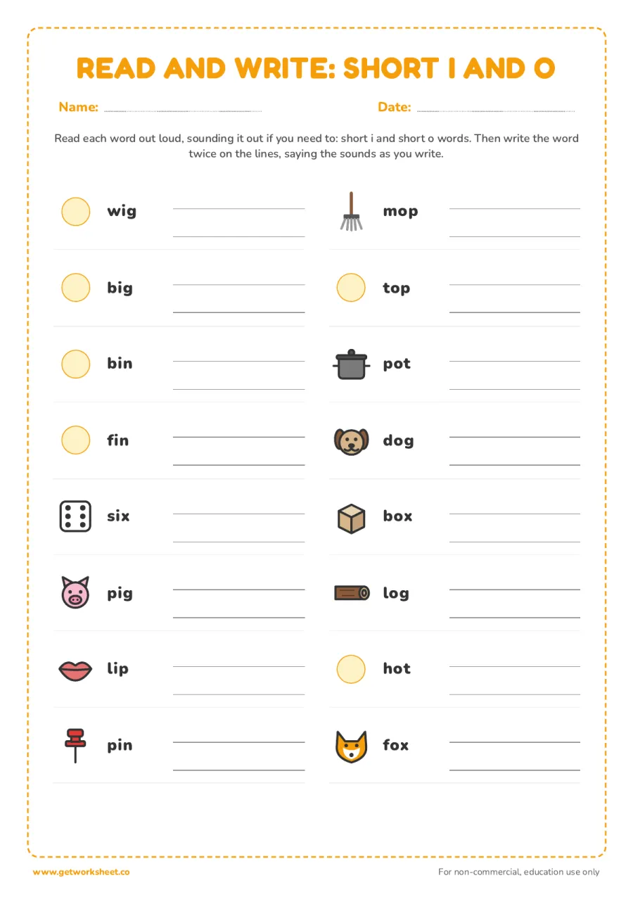 Read and write: short i and short o words – free printable PDF worksheet, page 1 preview (8 free CVC words worksheets)